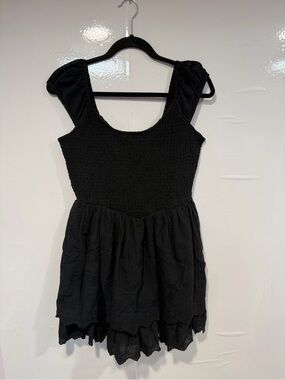 American Eagle Outfitters Black Smocked Mini Dress with Puff Shoulders